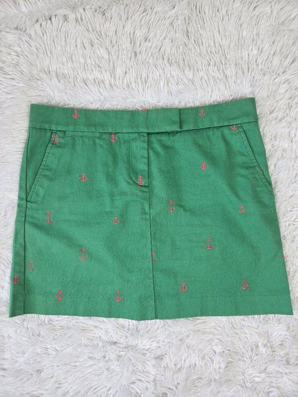J Crew Size 10 Green Miniskirt Pink Embroidered Anchors 100% Cotton Nautical